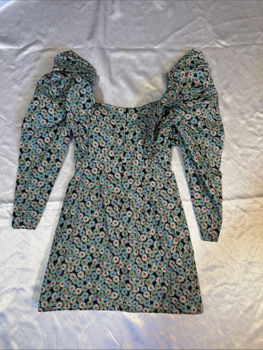 Floral Puff-Sleeve Mini Dress in Black and Mint